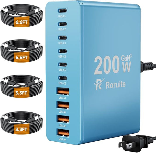 USB C Charging Station 10 Port with 4 USB Cables, 200W GaN Type C Charger Block, Wall Charger Power Strip Adapter Plug for iPad iPhone17 16 15 14 13 12 Pro Max Pixel Note Galaxy