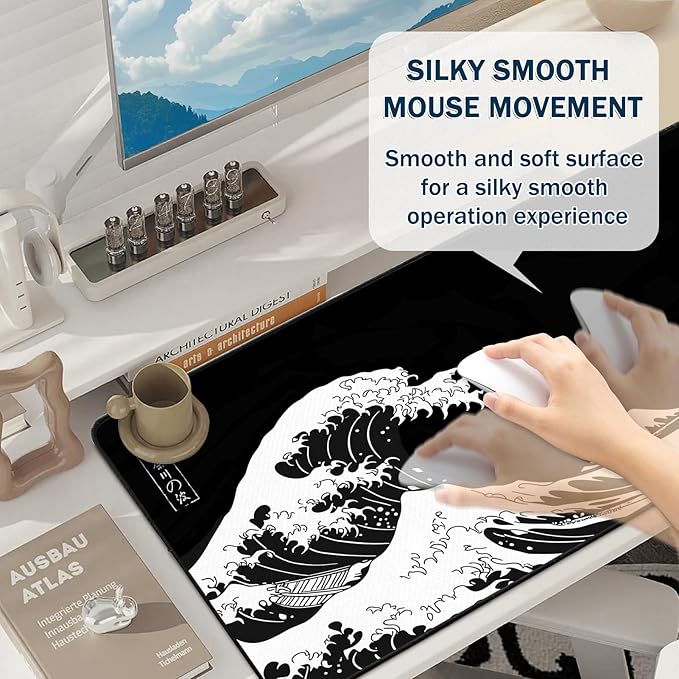 Mouse Pad Gaming - Desk Mat for Keyboard and Mouse - Japanese Sea Wave Large Mouse Pads for Desk, Desks Pad(35.4" X 15.7") with Non-Slip Base, Kanagawa Gaming Mousepad for Game, Office and Home