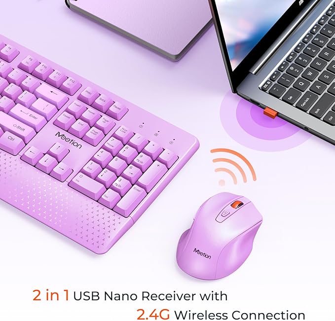 MEETION Wireless Keyboard and Mouse, Full-Sized Cordless Keyboard with Wrist Rest and 3 DPI Adjustable Mouse, 2.4G Wireless, Purple, for PC/Computer/Laptop/Windows/Mac