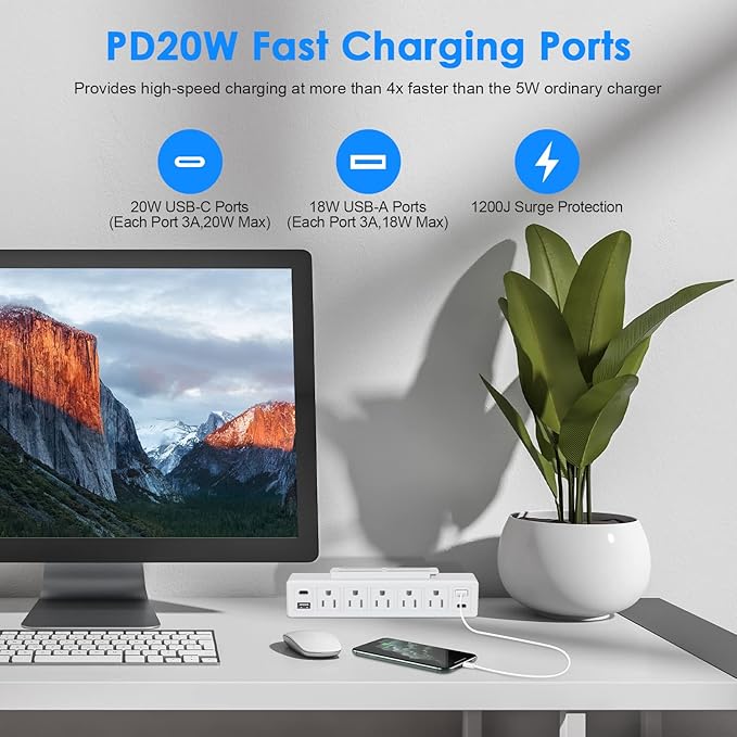 40W Under Desk Power Strip Mountable,20W USB-C Fast Charging Flat Plug Power Strip Surge Protector 1200J,9 in 1 Desk Outlet,5 Outlets,2 USB-C,2 USB-A,6FT Extension Cord White
