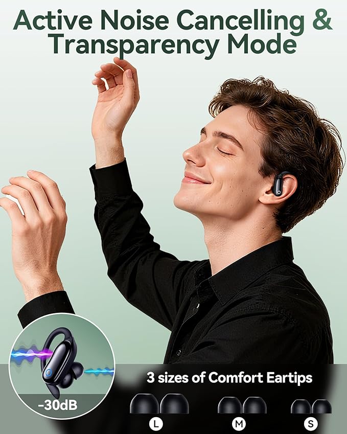 GNMN Active Noise Cancelling Ear Buds Wireless Earbuds 96hrs Playback Bluetooth Headphones Dual Battery Display Stereo Bass Earphones with Earhooks Microphone IPX7 Waterproof Headset for Sports/Gym