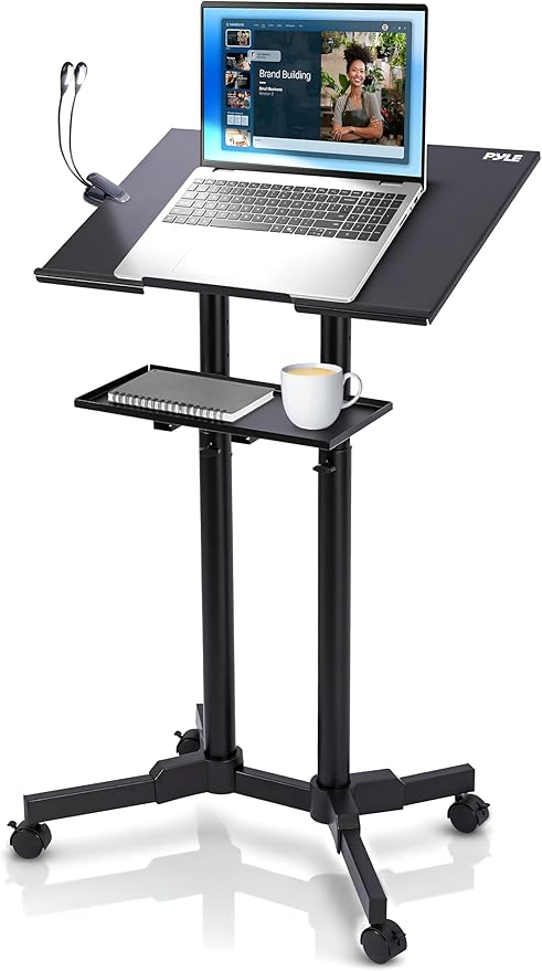 Pyle Lectern Podium Stand | Adjustable Height Top Shelf, Bottom Shelf, Locking Plastic Wheels, & LED Reading Light | Mobile Standing Desk for Classrooms & Presentations | Portable Rolling Table Design