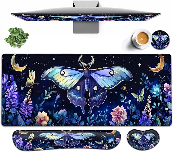 Large Mouse pad and Keyboard Support Set, Ergonomic Memory Foam Keyboard Wrist Rest, Extended Gaming Mouse Pad with Stitched Edges, Blue-Purple Moths and Moon Flowers XXL Desk Mat
