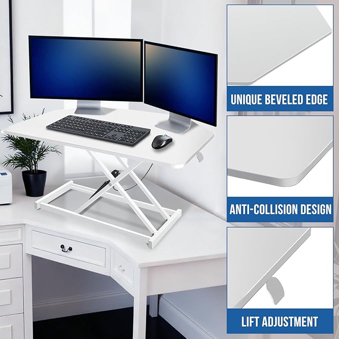 32 inch White Corner Standing Desk Converter, Assembled One-Click Sit to Stand up Desk Riser, for Dual Monitor and Laptop Height Adjustable Workstation