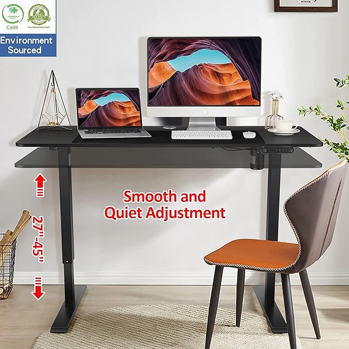 Standing Desk Adjustable Height, Electric Height Adjustable Table, 55'' X 24'' Stand Up Desk with Double Hooks and Wheels, 27''-45'' Lifting Range Sit Stand Home Office Desk(Black)