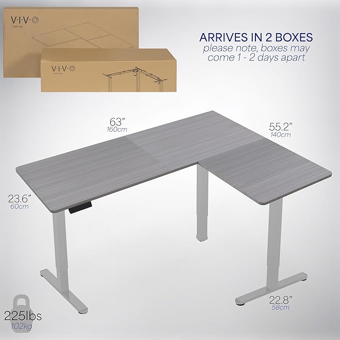 VIVO Corner Standing Desk, 63 x 55 inch Reversible L-Shaped Workstation, Electric Height Adjustment, Home, Office, and Reception Rooms, Dark Gray Table Top Gray Frame, DESK-E3CTGG