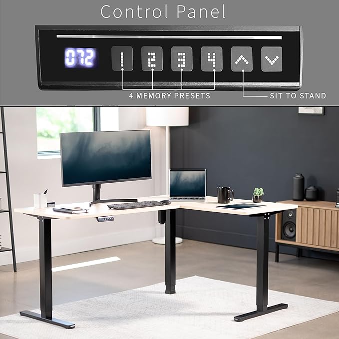 VIVO Corner Standing Desk, 63 x 47 inch Reversible L-Shaped Workstation, Electric Height Adjustment, Home, Office, and Reception Rooms, Light Wood Table Top Black Frame, DESK-E3CTC-47