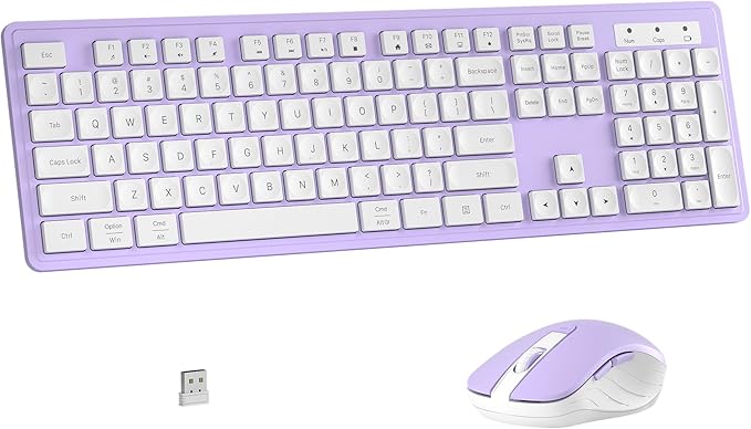 Wireless Keyboard and Mouse Combo, Full-Size 104-Key Office Keyboard with 15 Function Keys, Numeric Keypad, Single USB Receiver, Compatible with PC and Laptop(Purple White)