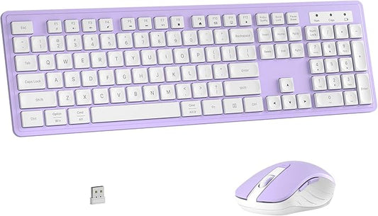 Wireless Keyboard and Mouse Combo, Full-Size 104-Key Office Keyboard with 15 Function Keys, Numeric Keypad, Single USB Receiver, Compatible with PC and Laptop(Purple White)