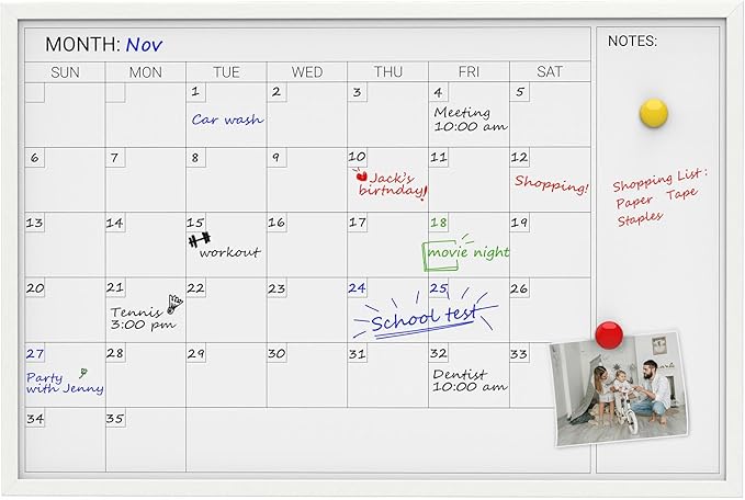 Comix Dry Erase Calendar for Wall, Magnetic Calendar Whiteboard with White Wood Frame, 36 * 24 inches Decorative Monthly Planner Board for Office, School, Home, Kitchen