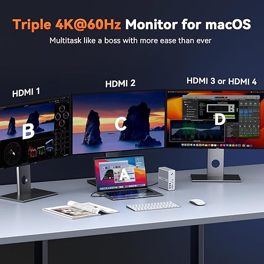 TobenONE DisplayLink Docking Station 4 Monitor with 4 HDMI, 18-in-1 Quad/Triple 4K@60Hz Display Dock with 120W Power Supply for Thunderbolt 5/4/3, USB4, USB-C Windows, MacBook(8 USB, Ethernet, etc)
