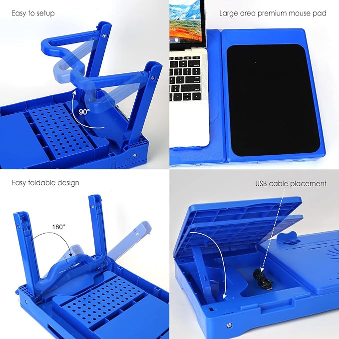 Foldable Laptop Table with Cooling Fan, LED Light, 4 x USB Ports, Mouse Pad & Storage Groove for Laptop Use in Home Office
