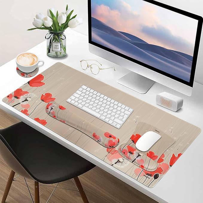 MEGREZ 4-in-1 Ergonomic Memory Foam Wrist Rest Set, Desk Pad, Mouse Pad with Wrist Rest, Keyboard Pad, Suitable for Office Workers, Programmers & Gamers–Relieve Typing & Gaming Fatigue, Light Brown