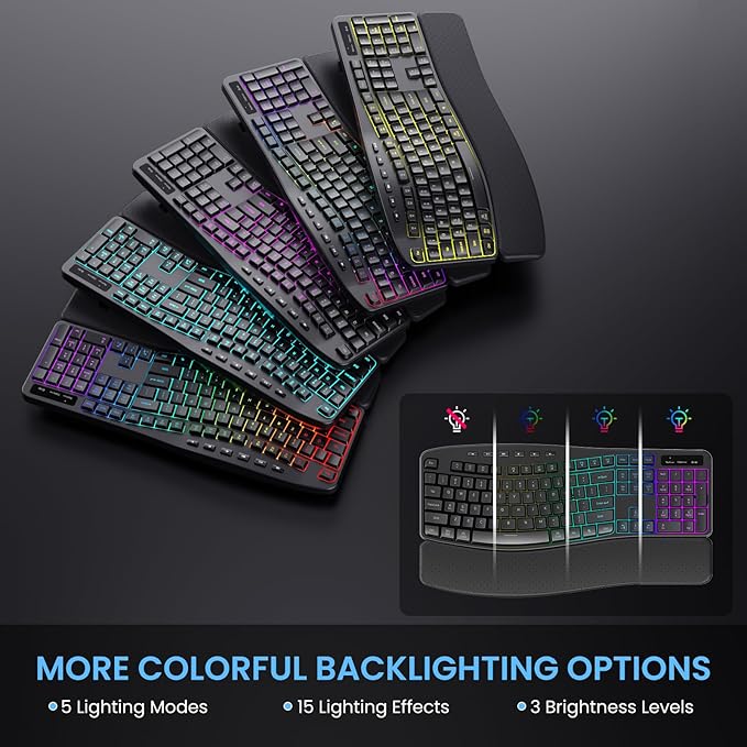Wireless RGB Backlit Keyboard, 2500mAh Rechargeable Keyboard with 15 RGB Lighting Effects, 5 Brightness Modes, Multimedia Keys, Silent Ergonomic Keyboard for PC Computer Laptop Windows Mac