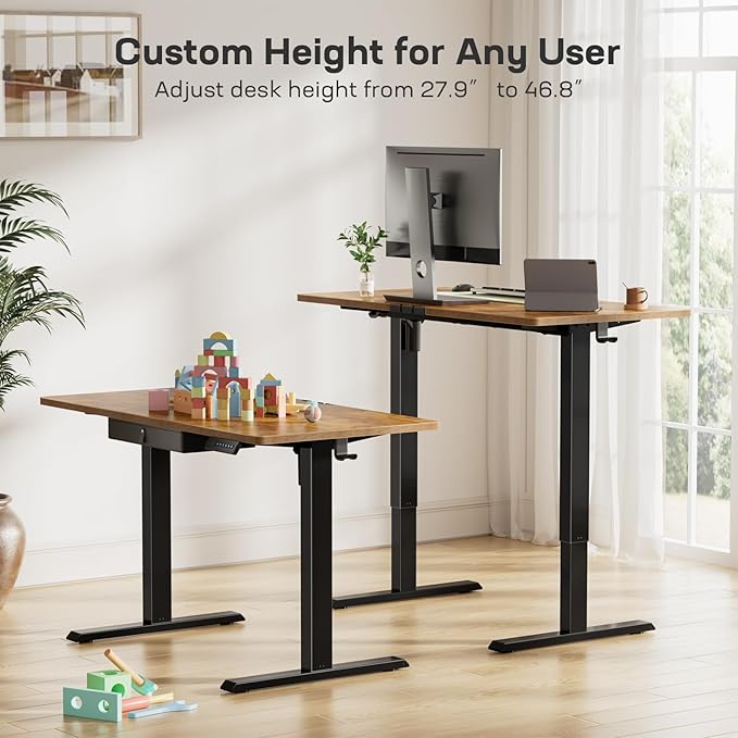 Marsail 48x24 Electric Standing Desk with Drawer, Computer Desk, Sit Stand Office Table with Storage & Hooks & Cable Management, Ergonomic Height Adjustable Table for Home Office, Brown