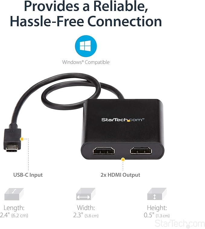 StarTech.com USB-C to Dual HDMI Adapter, USB Type-C Multi-Monitor MST Hub, Dual 4K 30Hz/1080p 60Hz HDMI Laptop Display Extender / Splitter, Extra-Long Built-In Cable, Windows Only (MSTCDP122HD)