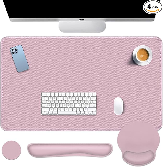 Britimes Pink Keyboard Mouse Pad Set Pink 4 in1 Large Mousepad+Keyboard Wrist Rest+Mouse Wrist Rest+Coaster Ergonomic Design for Home Office Computer 35.4x15.7Inches