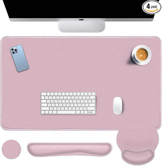 Britimes Pink Keyboard Mouse Pad Set Pink 4 in1 Large Mousepad+Keyboard Wrist Rest+Mouse Wrist Rest+Coaster Ergonomic Design for Home Office Computer 35.4x15.7Inches