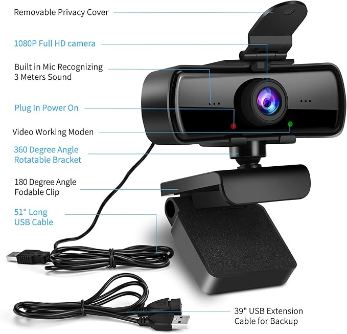 1080P HD Webcam with Microphone and Privacy Cover, USB Plug & Play Computer Camera, 120° Wide Angle Fixed Focus Web Camera for Video Conferencing, Online Learning, Streaming and Gaming