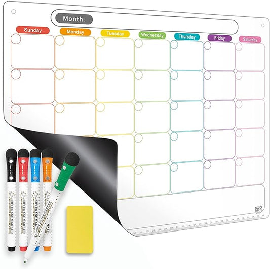 Mag-Fancy Dry Erase Calendar Kit- Magnetic Calendar for Refrigerator - Monthly Fridge Calendar Whiteboard with Extra-Thick Magnet Included Fine Point Marker & Eraser & Adhesive Mounts for Wall Hanging