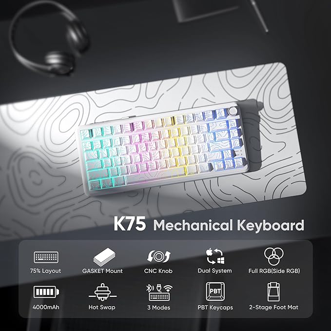 RedThunder K75 Wireless Mechanical Keyboard, CNC Knob, Tri-Mode BT5.0/2.4GHz/USB-C Hot Swappable Custom, Pre-lubed Linear Coconut Switches, Gasket Structure, RGB Gaming Keyboard, White Contour Lines