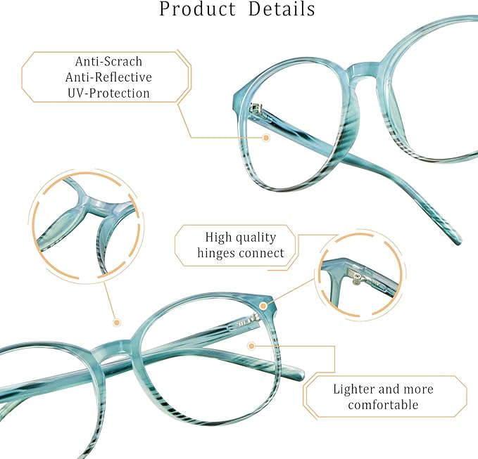 LifeArt Round Blue Light Blocking Glasses, Computer Glasses, Gaming Glasses, TV Glasses for Women Men (Striped Blue, 2.75 Magnification)