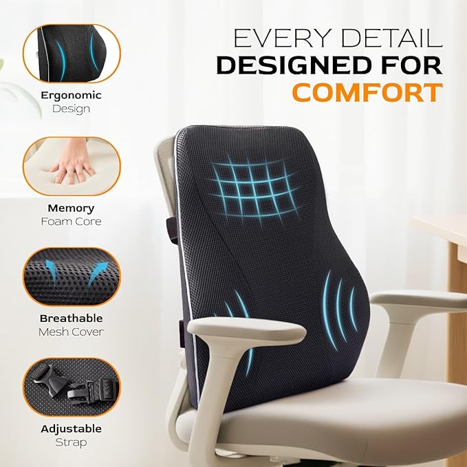 Extra Dense Lumbar Pillow with Double Adjustable Straps - Ergonomic Lumbar Support Pillow for Office Chair, Car, Couch Firm Back Support for Lower Back & Spine Pain Relief Memory Foam Cushion