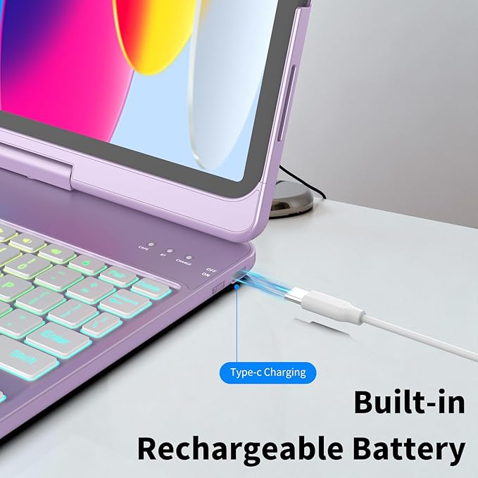 HOTLIFE for iPad A16 11th Generation/10th Generation Case with Keyboard,Touch Keyboard for iPad 11" /10th Gen 10.9 inch 2022-10 Color Backlight, 360° Rotatable Protective Cover (Light Purple)