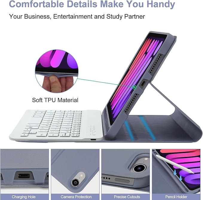 BORIYUAN iPad mini 6 Keyboard Case 2021, Detachable Wireless Bluetooth Keyboard Slim Folio Smart Cover with Build-in Pencil Holder for iPad mini 6th Generation 8.3 inch – Lavender