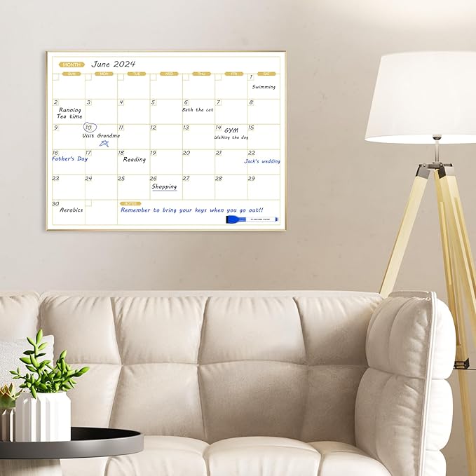 ARCOBIS Monthly Calendar Whiteboard for Wall, 24" x 18" Magnetic Dry Erase Calendar with Gold Frame, Wall Hanging Planner for Home, Office, School