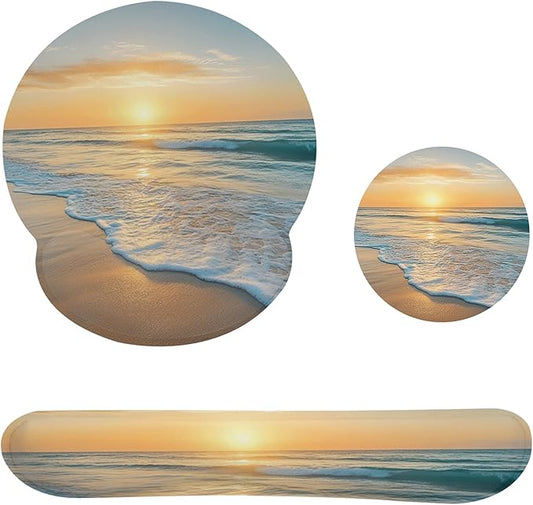 Beach Sunset Keyboard Wrist Rest Pad and Mouse Pad Wrist Support Set,3-in-1 Ergonomic Mouse Pad with Non-Slip Rubber Base for Home Office Game Computers Desk,