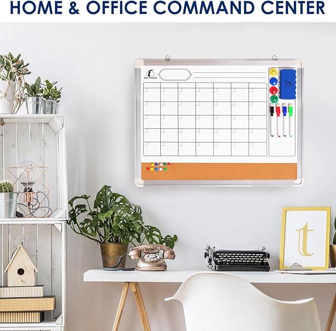 Whiteboard Calendar Dry Erase for Wall - 24 x 18 in White Board Planner Monthly Magnetic with 1 Eraser, 4 Dry Wipe Markers, 4 Magnets and 10 Push Pins - Wall Hanging Marker Board Month Calendar