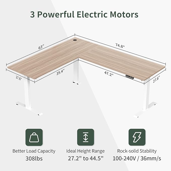 FEZIBO Triple Motor L-Shaped Electric Standing Desk, Height Adjustable Stand up Corner Desk, 63 Inches Sit Stand Workstation with Splice Board, White Frame/Light Walnut Top