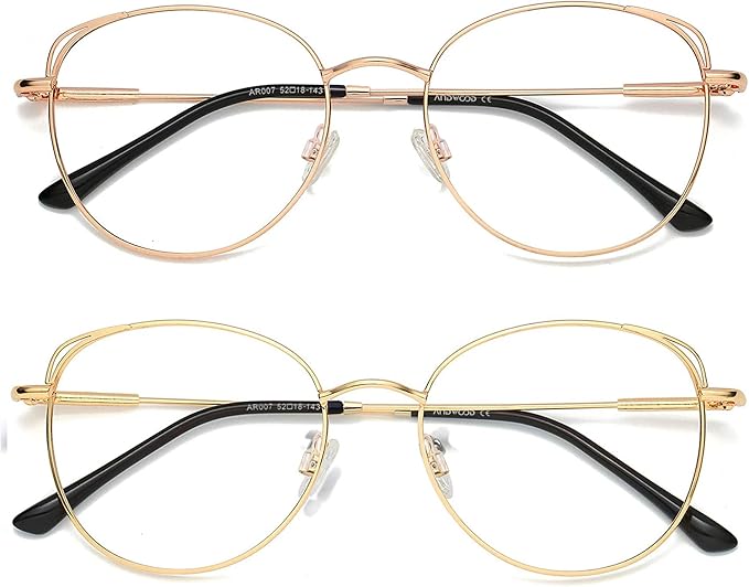 ANDWOOD Blue Light Blocking Glasses Women Cat Eye Computer Eyeglasses Metal Frame Hipster 2 Pack