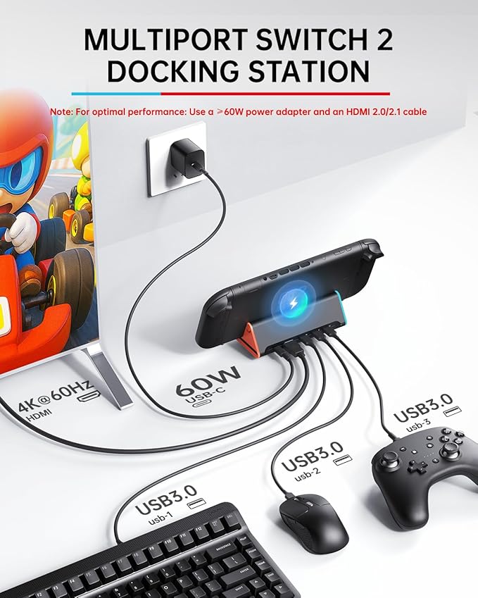 Switch 2 Dock with HDMI & 60W Charging Cable, 4K Portable Docking Station for Nintendo Switch2 Game Console, Travel Stand Base Connector Accessories Set (TV Adapter, 3 USB Ports, PD Power Input)