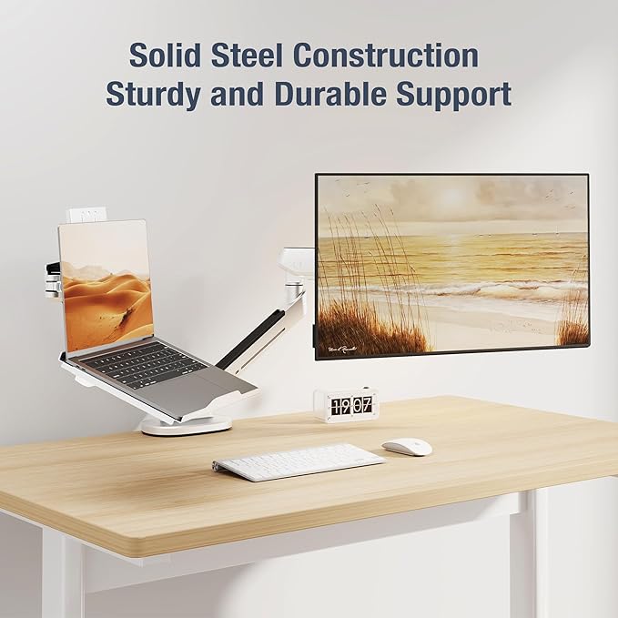 AVLT Adjustable Laptop Tray with Support for 120mm Fan Compatible with VESA 75x75 Monitor Arm - Fits Up to 17 Inch Laptop - White (Fan Not Included)