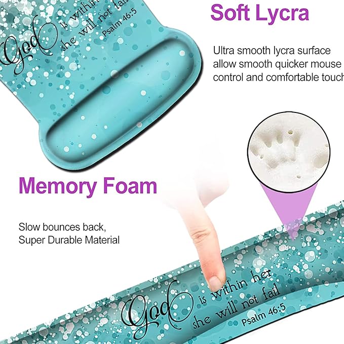 Keyboard Wrist Rest Pad and Ergonomic Mouse Pad Wrist Support Set Psalm 46:5 God is Within Her, She Will Not Fall Blue Glitter for Gaming, Office, Comfortable and Pain Relief with Coaster Set