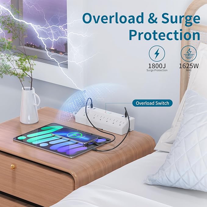 40W Fast Charging Station, Desk Clamp Power Strip 10FT Extension Cord, JXGUCAT Removable Desk Mount Flat Plug Power Strip Surge Protector, 2 USB-C Ports, 6 Outlets, Fits 1.8" Tabletop Edge