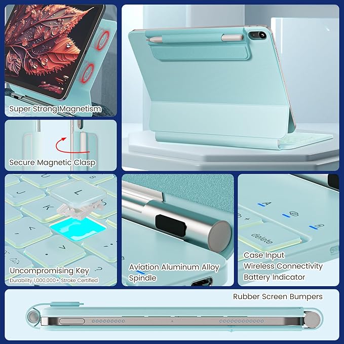 for iPad 11th(A16, 2025)/10th Generation Case with Keyboard, Magic Keyboard 2022, Springy Backlit Keys, Stain-Resistant Surface, Multi-Touch Trackpad, Light Blue