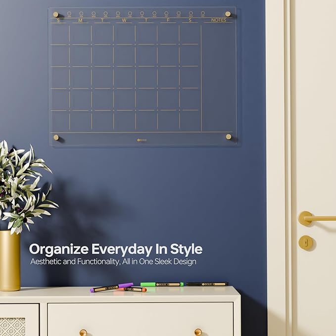 Clear Glass Monthly Dry Erase Calendar Non-Magnetic Whiteboard for Wall, 17" x 23", Frameless Large Monthly Menu Planner White Board for Home Kitchen & Office, 4 Markers Included, Yeoux