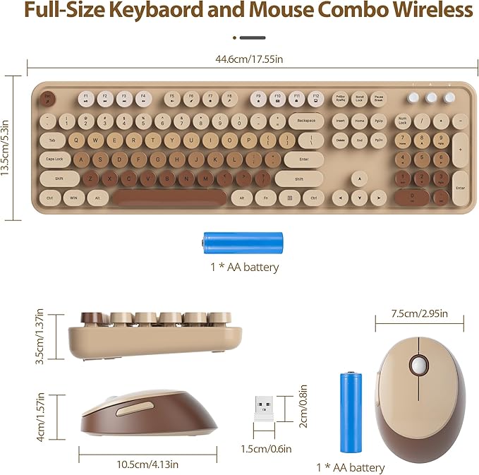 Coffee Brown Keyboard and Mouse Combo Wireless, 2.4G Full Size 104-Key Retro Typewriter Keyboards Round Keys for Students Teenagers Home Office PC Laptop(Coffee)