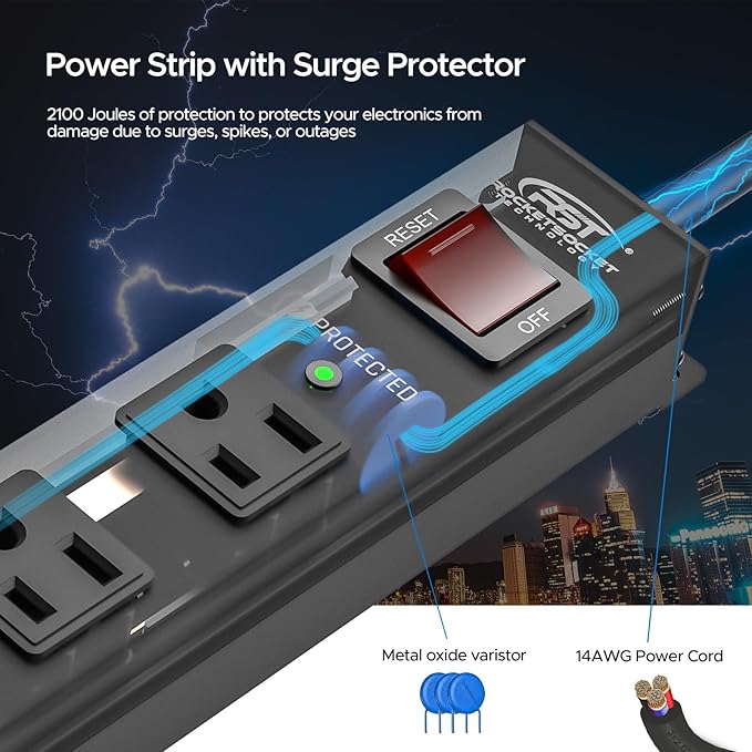 CRST 6 Outlet Heavy Duty Power Strip with Switch, 15A/1875W Metal Mountable Power Strip Surge Protector 2100Joules, 10 FT Wide Spaced Power Bar