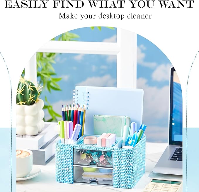 Blue Bling Desk Organizer with 2 Drawer, Sparkly Makeup Organizer for Vanity, Girly Desk Accessories, Rhinestone Pen Holder, Elevate Your Workspace with Blue Serenity (Diamond)