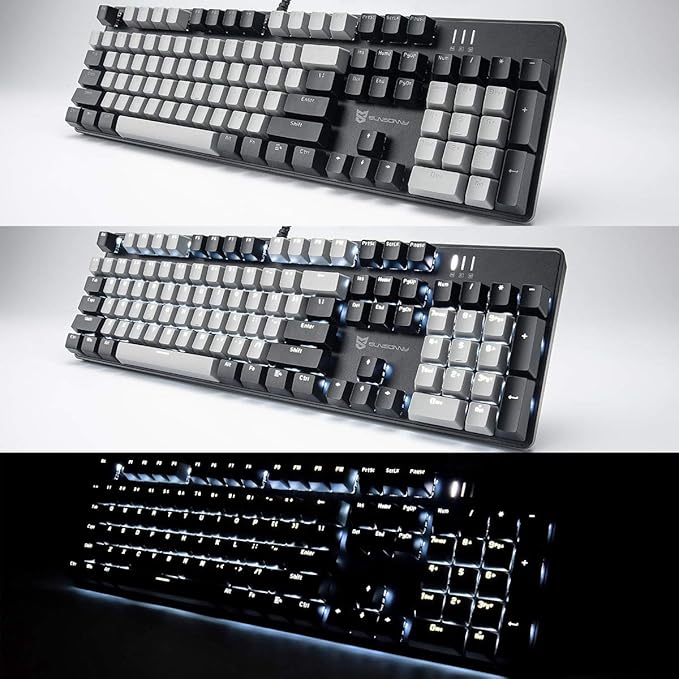 104 Keys Wired Mechanical Gaming Keyboard | White LED Backlit US Layout | Hot Swappable Blue Switch Full Size Mechanical Keyboard | Black & Grey Keycaps Light Up PC Gaming Computer Keyboards