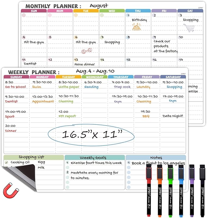 JJPRO Magnetic Dry Erase Monthly Calendar Whiteboard Set for Fridge-Reusable Monthly Calendar&Weekly Planner for Refrigerator-Starts Sunday-Magnetic Multicolor Monthly Planner Bundle-16.5"x11"