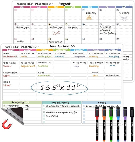 JJPRO Magnetic Dry Erase Monthly Calendar Whiteboard Set for Fridge-Reusable Monthly Calendar&Weekly Planner for Refrigerator-Starts Sunday-Magnetic Multicolor Monthly Planner Bundle-16.5"x11"