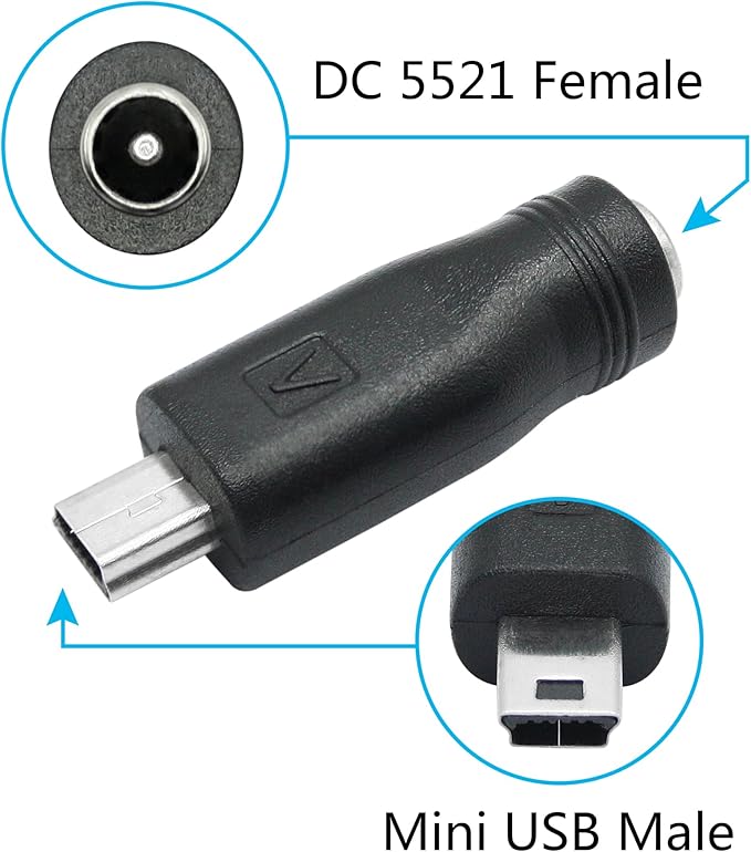 DC 5.5mm x 2.1mm to Mini USB Adapter, 5V DC 5521 Female to Mini USB Male Plug Convert Connector Power (4Pcs)