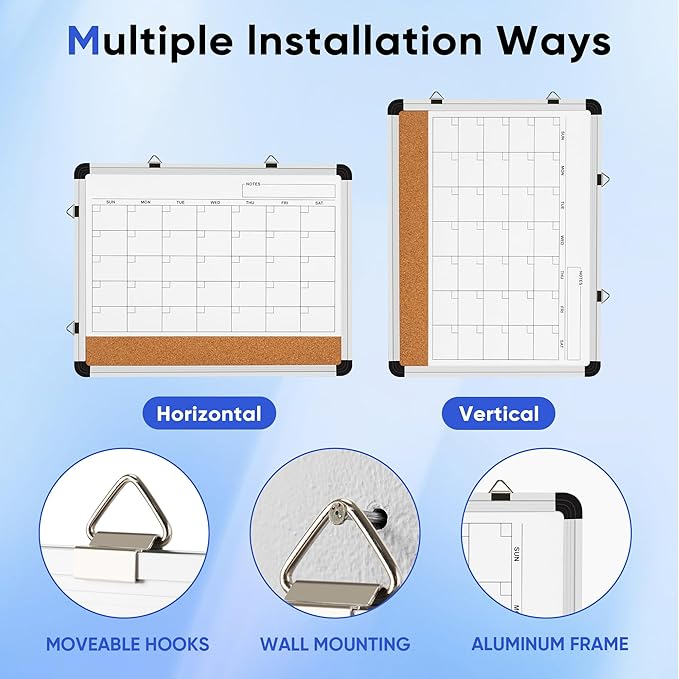 VUSIGN Dry Erase Calendar Whiteboard for Wall, 17'' x13'' Magnetic Whiteboard Cork Board Combo, Small Monthly White Board with Marker, Eraser & Push Pins in Home Office Kitchen School Planner