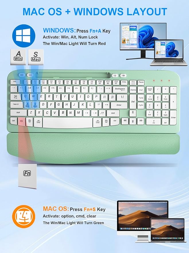 Wireless Keyboard and Mouse Combo, Wave Keys Computer Ergonomic Keyboard with Cushioned Plam Rest, Phone Holder, 2.4GHz Silent 6 Button Wireless Mouse Set for Laptop, PC, Windows, Mac (Mint Green)