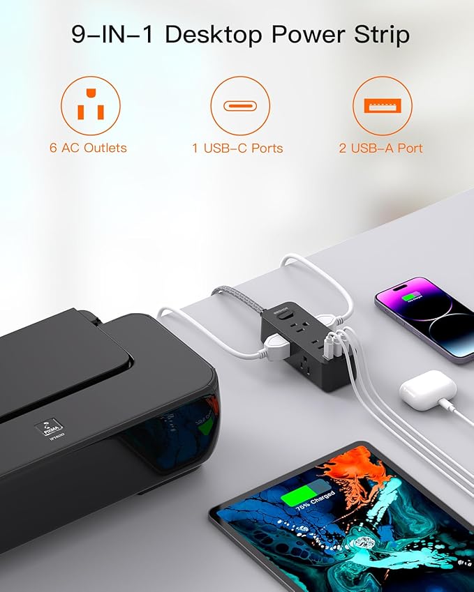 15Ft Black Extension Cord, BESHON Power Strip Surge Protector, 6 Outlets with 3 USB Ports(1 USB C Outlet), 3-Side Outlet Extender, Wall Mount, Compact for Home, College Dorm Room